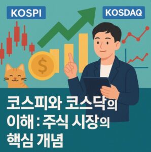 코스피(KOSPI)와 코스닥(KOSDAQ)을 설명하는 주식 시장 관련 일러스트. 차트, 상승 그래프, 금화 아이콘, 태블릿을 든 동양 남성, 그리고 고양이가 함께 등장하며 한국 증권시장의 개념을 시각적으로 표현한 이미지.