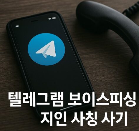 스마트폰 화면에 텔레그램 로고가 보이고, 옆에 검정색 유선 전화 수화기가 놓여 있는 실사 이미지. 화면 하단에 "텔레그램 보이스피싱 지인 사칭 사기"라는 문구가 적혀 있다.