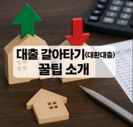대출 갈아타기(대환대출) 꿀팁 소개"라는 글자가 중앙에 크게 들어간 이미지. 두 개의 나무 집 모형 위에 각각 초록색 상승 화살표와 빨간색 하락 화살표가 놓여 있고, 옆에는 펜과 금융서류, 계산기가 자연스럽게 배치되어 있는 현실적인 분위기의 책상 위 실사 사진